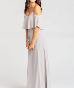 Show Me Your Mumu Bridesmaids Dresses Caitlin Ruffle Maxi Dress ~ Dove Grey Chiffon