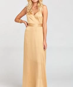 Show Me Your Mumu Bridesmaids Dresses Jenn Maxi Dress ~ True Gold Luxe Satin
