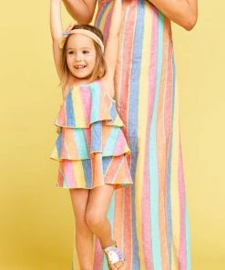 Show Me Your Mumu Kids Reagan Ruffle Dress ~ Rainbow Stripe Linen