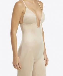 Show Me Your Mumu SPANX Suit Your Fancy Plunge Low-Back Mid-Thigh Bodysuit ~ Champagne Beige