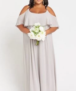 Show Me Your Mumu Bridesmaids Dresses Caitlin Ruffle Maxi Dress ~ Dove Grey Chiffon