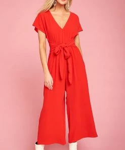 Show Me Your Mumu Alia Jumpsuit ~ Tango Red Crinkle Stretch