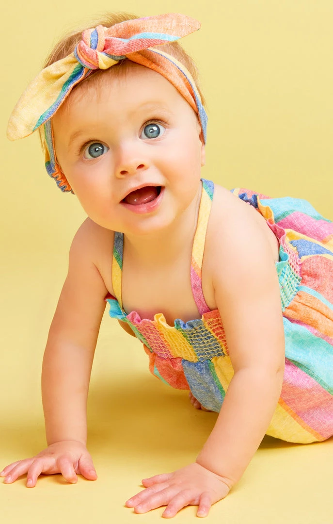 Show Me Your Mumu Abbie Tie Baby Headband ~ Rainbow Stripe Linen 4 Show Me Your Mumu Abbie Tie Baby Headband ~ Rainbow Stripe Linen