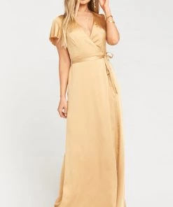 Show Me Your Mumu Noelle Wrap Dress ~ True Gold Luxe Satin Bridesmaids Dresses