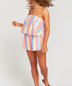 Show Me Your Mumu Thelma Romper ~ Rainbow Stripe Linen Rompers