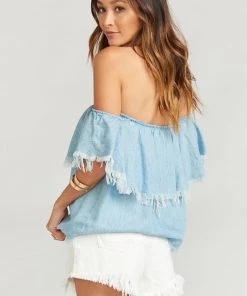 Show Me Your Mumu Tops Ruffle Top ~ Light Chambray