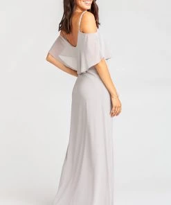 Show Me Your Mumu Bridesmaids Dresses Caitlin Ruffle Maxi Dress ~ Dove Grey Chiffon