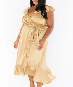 Show Me Your Mumu Samantha Ruffle Wrap Dress ~ True Gold Luxe Satin Dresses