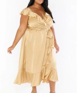 Show Me Your Mumu Samantha Ruffle Wrap Dress ~ True Gold Luxe Satin Dresses