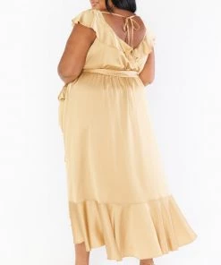 Show Me Your Mumu Samantha Ruffle Wrap Dress ~ True Gold Luxe Satin Dresses