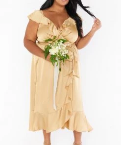 Show Me Your Mumu Samantha Ruffle Wrap Dress ~ True Gold Luxe Satin Dresses