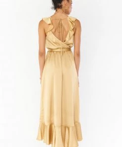 Show Me Your Mumu Samantha Ruffle Wrap Dress ~ True Gold Luxe Satin Dresses