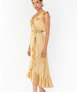 Show Me Your Mumu Samantha Ruffle Wrap Dress ~ True Gold Luxe Satin Dresses