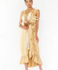 Show Me Your Mumu Samantha Ruffle Wrap Dress ~ True Gold Luxe Satin Dresses