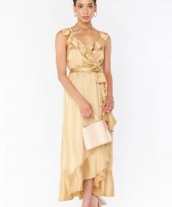 Show Me Your Mumu Samantha Ruffle Wrap Dress ~ True Gold Luxe Satin Dresses