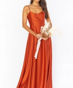 Show Me Your Mumu Faith Maxi Dress ~ Burnt Orange Luxe Satin Bridesmaids Dresses