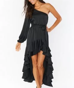 Show Me Your Mumu New Mu Stunner Maxi Dress ~ Black Luxe Satin