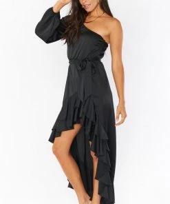 Show Me Your Mumu New Mu Stunner Maxi Dress ~ Black Luxe Satin