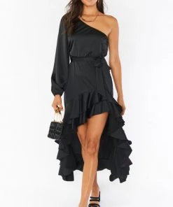 Show Me Your Mumu New Mu Stunner Maxi Dress ~ Black Luxe Satin