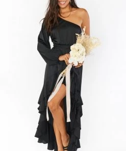 Show Me Your Mumu New Mu Stunner Maxi Dress ~ Black Luxe Satin