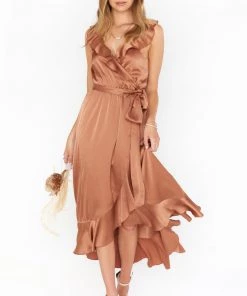 Show Me Your Mumu Samantha Ruffle Wrap Dress ~ Copper Luxe Satin