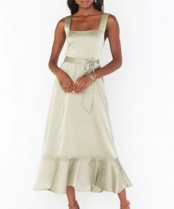 Show Me Your Mumu Claire Midi Dress ~ Moss Green Luxe Satin New Mu