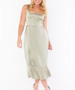 Show Me Your Mumu Claire Midi Dress ~ Moss Green Luxe Satin New Mu