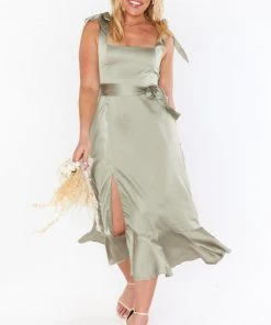 Show Me Your Mumu Claire Midi Dress ~ Moss Green Luxe Satin New Mu