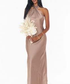 Show Me Your Mumu Bridesmaids Dresses Jasmine Halter Maxi Dress ~ Dune Luxe Satin