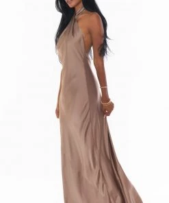 Show Me Your Mumu Bridesmaids Dresses Jasmine Halter Maxi Dress ~ Dune Luxe Satin