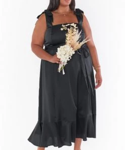 Show Me Your Mumu New Mu Claire Midi Dress ~ Black Luxe Satin