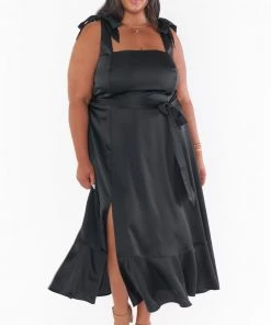 Show Me Your Mumu New Mu Claire Midi Dress ~ Black Luxe Satin