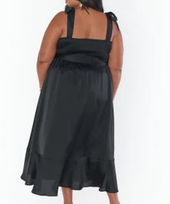 Show Me Your Mumu New Mu Claire Midi Dress ~ Black Luxe Satin