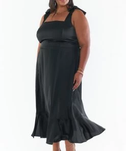 Show Me Your Mumu New Mu Claire Midi Dress ~ Black Luxe Satin