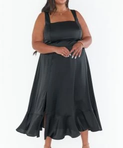 Show Me Your Mumu New Mu Claire Midi Dress ~ Black Luxe Satin