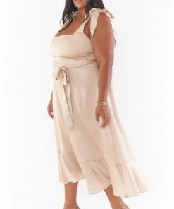 Show Me Your Mumu New Mu Claire Midi Dress ~ Champagne Luxe Satin
