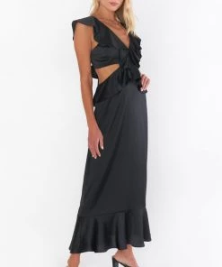 Show Me Your Mumu Zoey Midi Dress ~ Black Luxe Satin New Mu