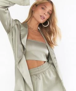 Show Me Your Mumu New Mu Tucker Top ~ Moss Green Luxe Satin