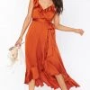 Show Me Your Mumu Samantha Ruffle Wrap Dress ~ Burnt Orange Luxe Satin Wedding Guest Dresses