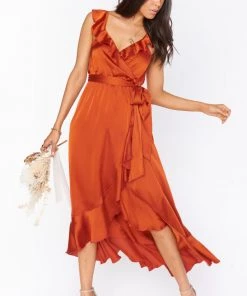 Show Me Your Mumu Samantha Ruffle Wrap Dress ~ Burnt Orange Luxe Satin Wedding Guest Dresses