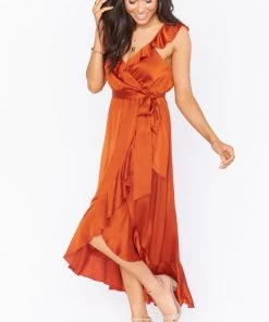 Show Me Your Mumu Samantha Ruffle Wrap Dress ~ Burnt Orange Luxe Satin Wedding Guest Dresses