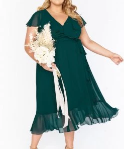 Show Me Your Mumu Jess Ruffle Midi Dress ~ Emerald Chiffon Maternity