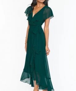 Show Me Your Mumu Jess Ruffle Midi Dress ~ Emerald Chiffon Maternity