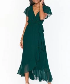Show Me Your Mumu Jess Ruffle Midi Dress ~ Emerald Chiffon Maternity