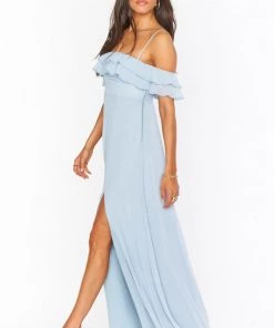 Show Me Your Mumu Bridesmaids Dresses Emma Ruffle Maxi Dress ~ Steel Blue Chiffon