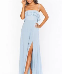 Show Me Your Mumu Bridesmaids Dresses Emma Ruffle Maxi Dress ~ Steel Blue Chiffon