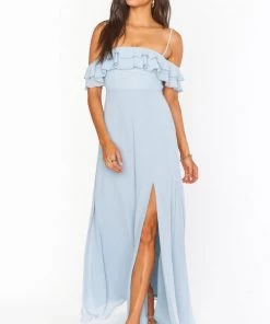 Show Me Your Mumu Bridesmaids Dresses Emma Ruffle Maxi Dress ~ Steel Blue Chiffon