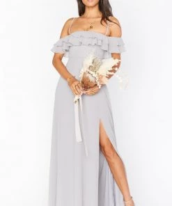 Show Me Your Mumu Bridesmaids Dresses Emma Ruffle Maxi Dress ~ Dove Grey Chiffon