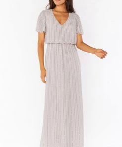 Show Me Your Mumu Wedding Guest Dresses Michelle Flutter Maxi Dress ~ Dove Grey Beaded