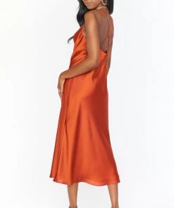 Show Me Your Mumu Wedding Guest Dresses Verona Cowl Dress ~ Burnt Orange Luxe Satin
